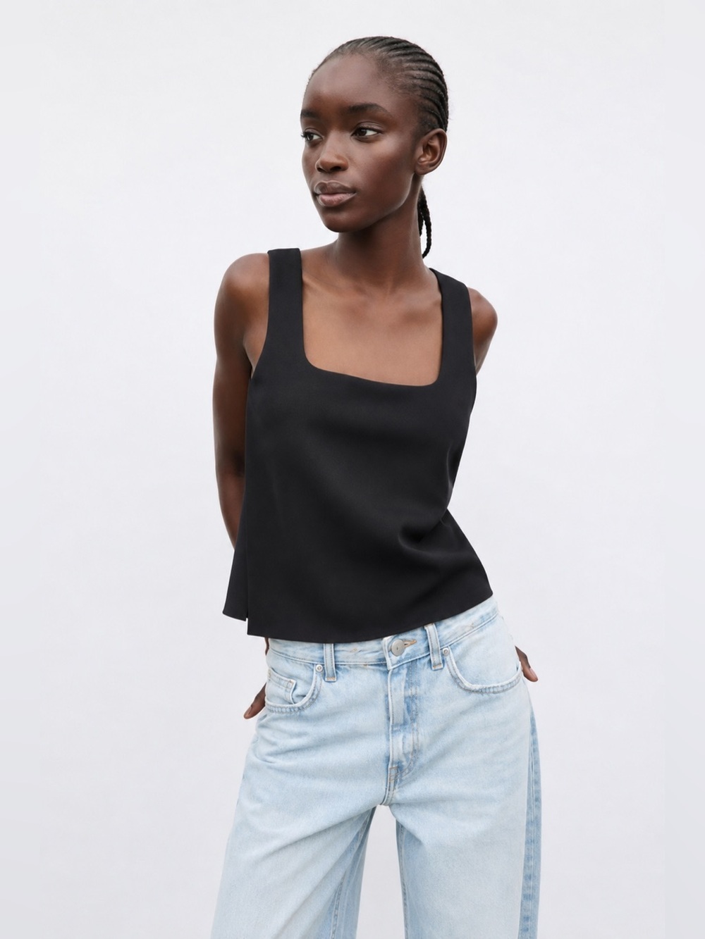 Zara Square Neck Relaxed Loose Fit Thick Stretch Fabric Sleeveless Tank Top